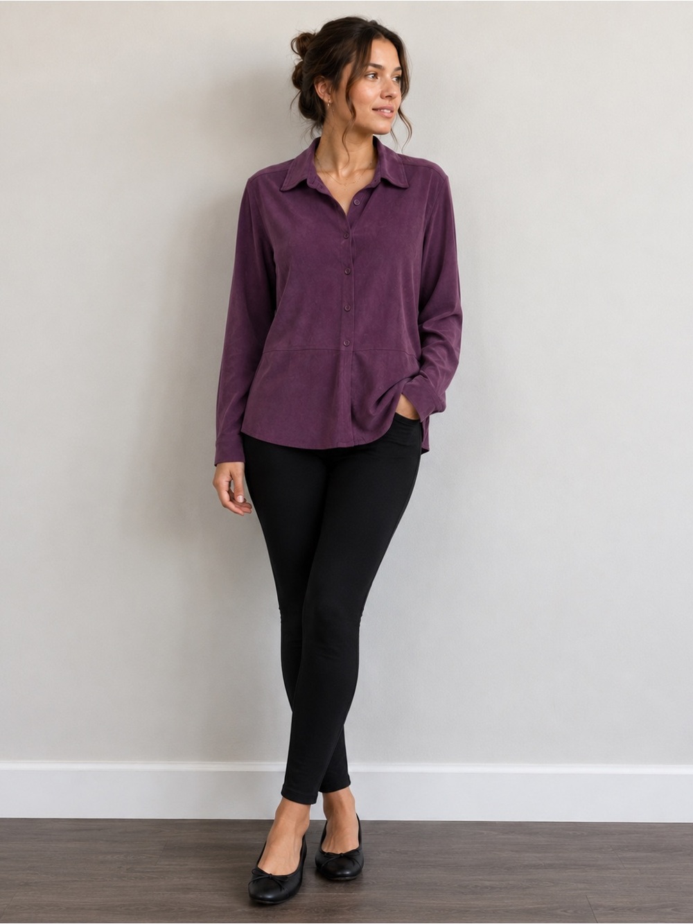 Apparenza Plum Button-Up Long Sleeve Faux Suede Blouse